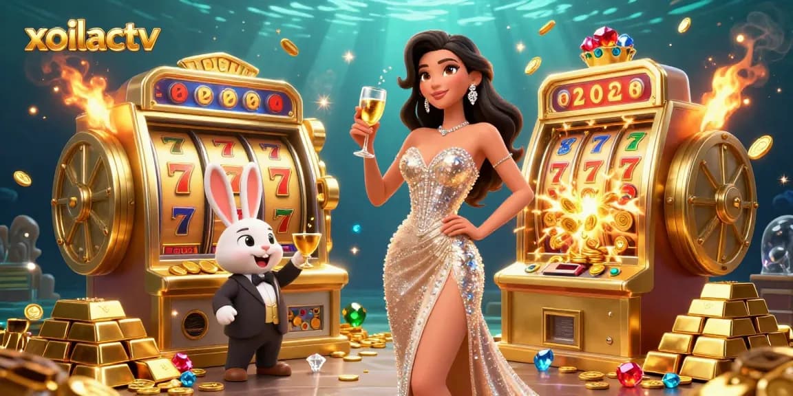 Xoilactv showcases a glamorous casino scene with a woman toasting by a jackpot slot machine, sparkling gems, and golden coins.