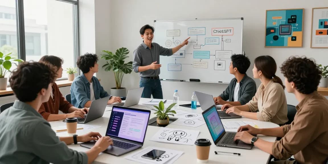 Team discussing ChatGPT alternatives in a modern tech office, showcasing innovative AI solutions.