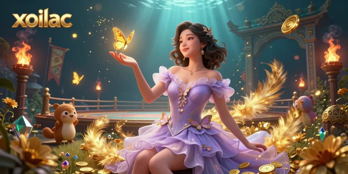 Xoilac showcases an energetic gambling environment with vibrant Golden Butterflies and betting tokens alongside a stunning Asian woman.