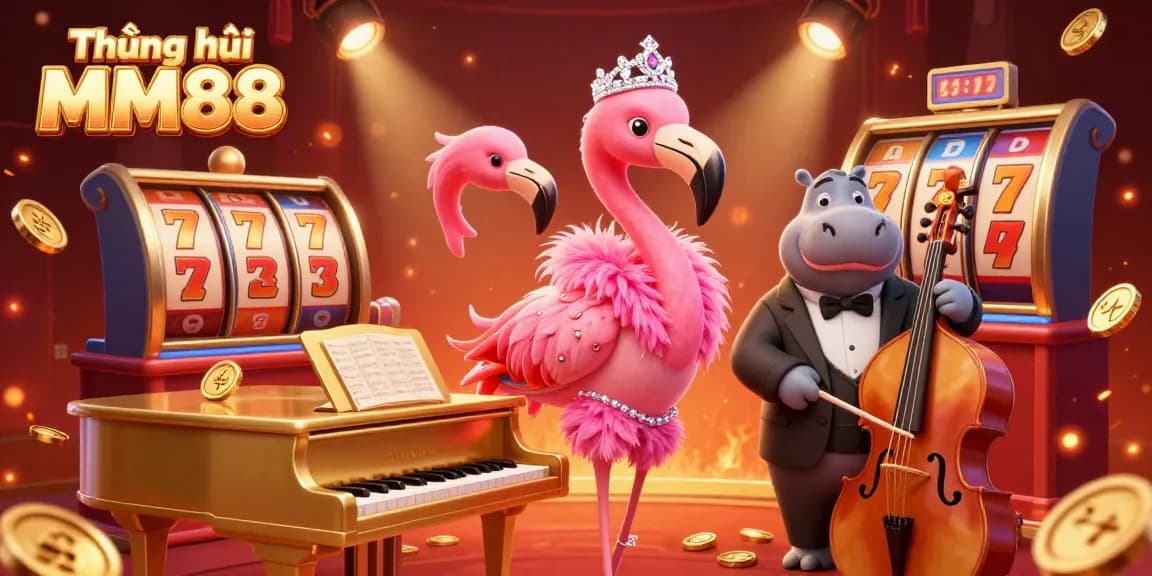 Experience the excitement of Thương hiệu MM88 with a vibrant casino scene illustrating a flamingo singer and hippo bassist.