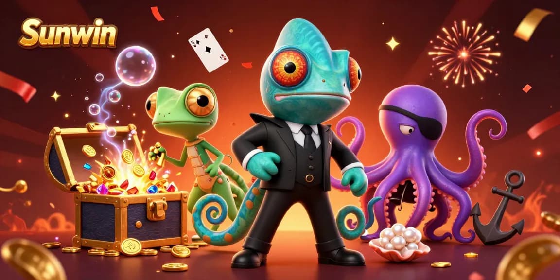 Sunwin features an action-packed scene with a secret agent chameleon and casino elements, showcasing excitement and winning potential.