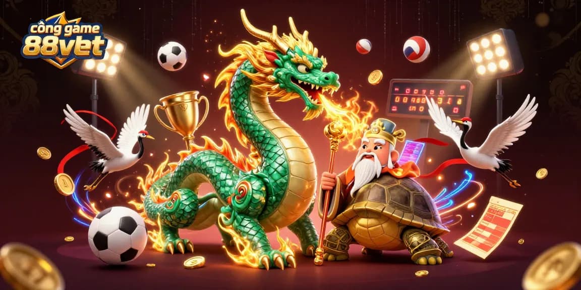 Hình ảnh cổng game 88vbet thể hiện rồng ngọc lục bảo và nhiều yếu tố thể thao sôi động.