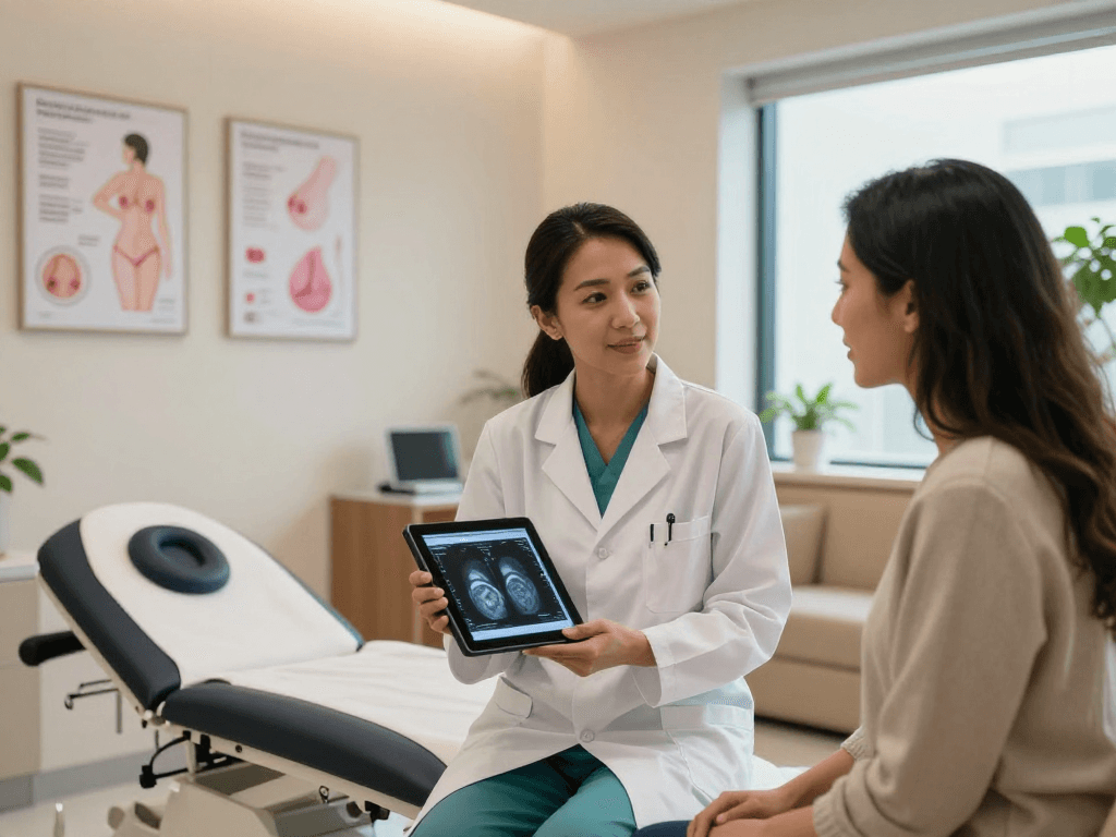 Consultation with a skilled breast surgeon in Abu Dhabi, discussing breast health with a patient in a modern clinic.