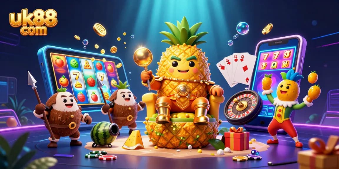 Play exciting games at uk88 com with a vibrant casino illustration showcasing slot symbols and royal characters.