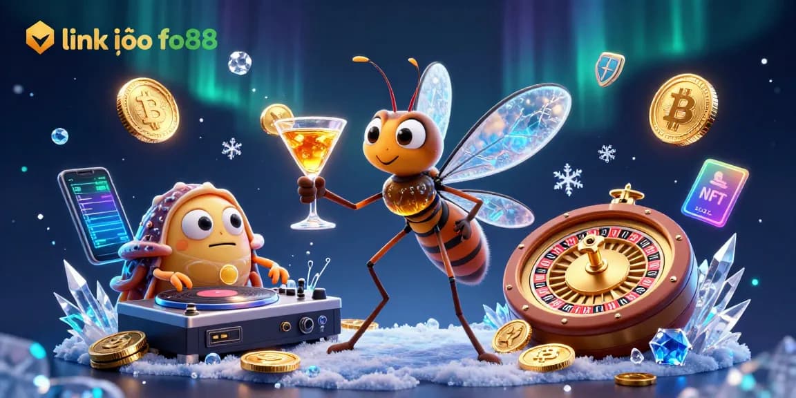 Win big at link vào fo88 with this vibrant 3D casino scene featuring cryptocurrency and gaming elements.