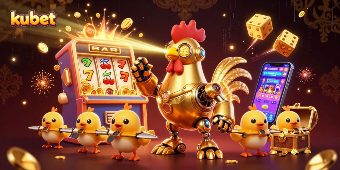Kubet's golden rooster robot and baby chick drones engage in a vibrant casino scene packed with jackpots and exciting games.
