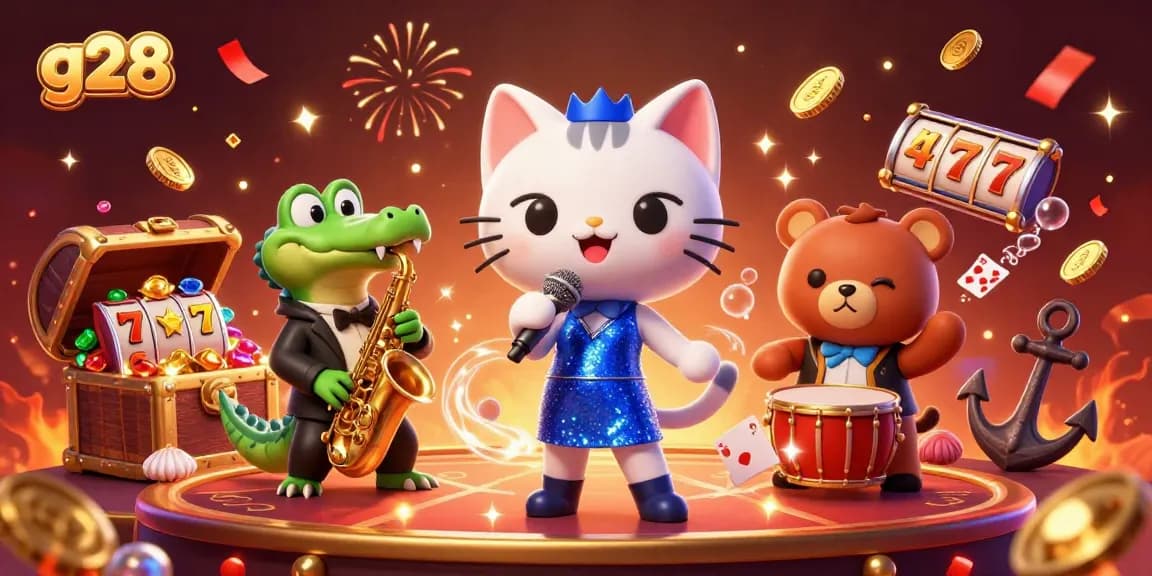 Experience thrilling gaming at G28 with lively characters and vibrant casino elements.