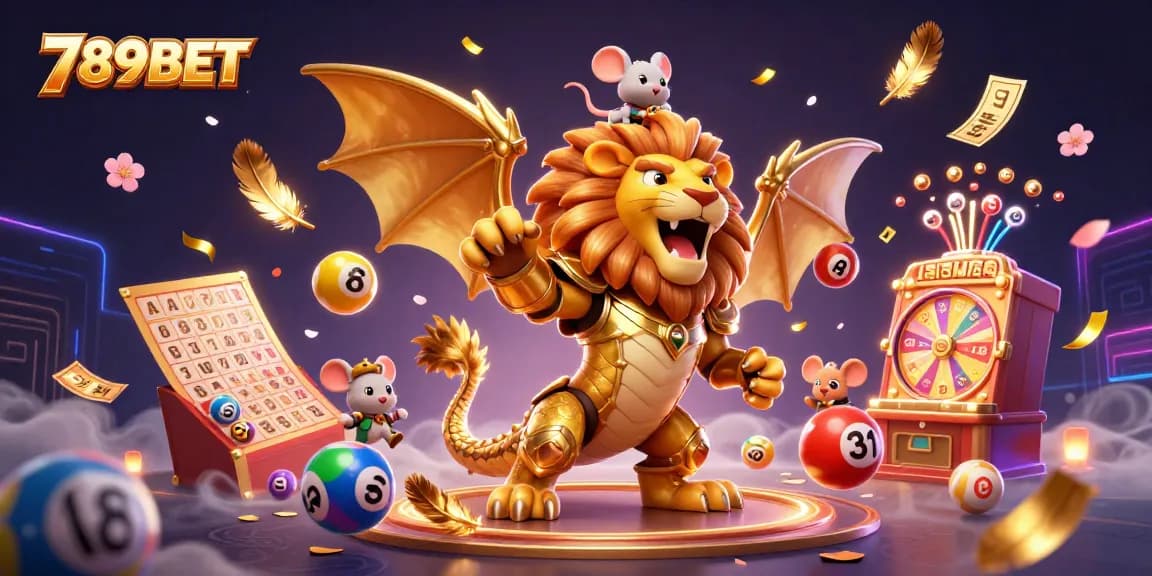 Engage with 789BET through this colorful, dynamic scene showcasing a triumphant chimera and diverse gambling elements.