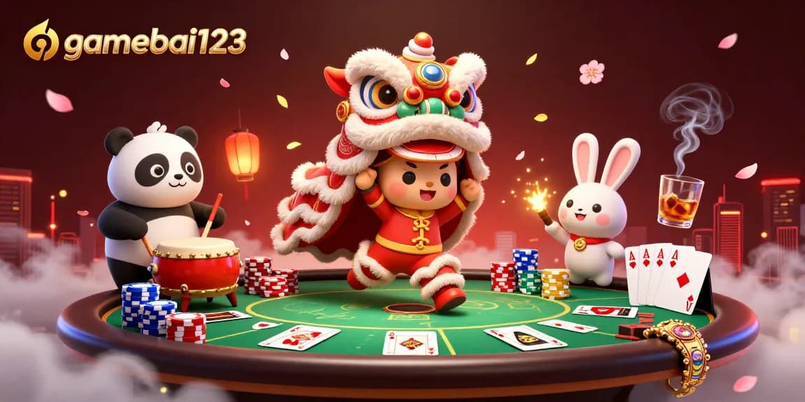 Experience vibrant fun with gamebai123 in this rich 3D casino illustration featuring lively characters and poker elements.
