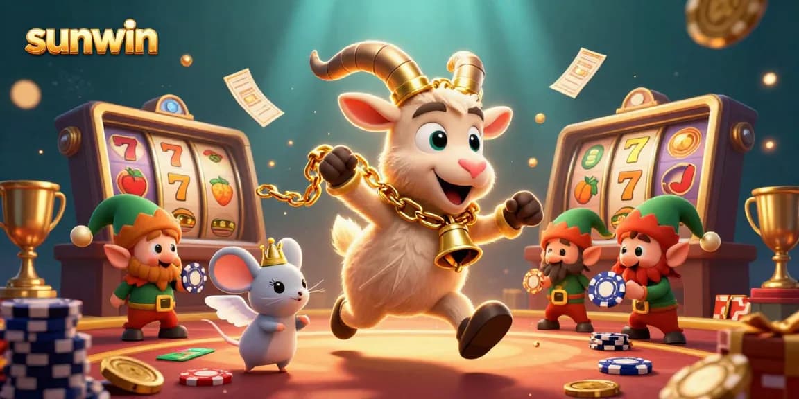 Experience the thrilling sunwin casino scene with Krampus, an angel mouse, and naughty elf gremlins amidst jackpot slot reels.