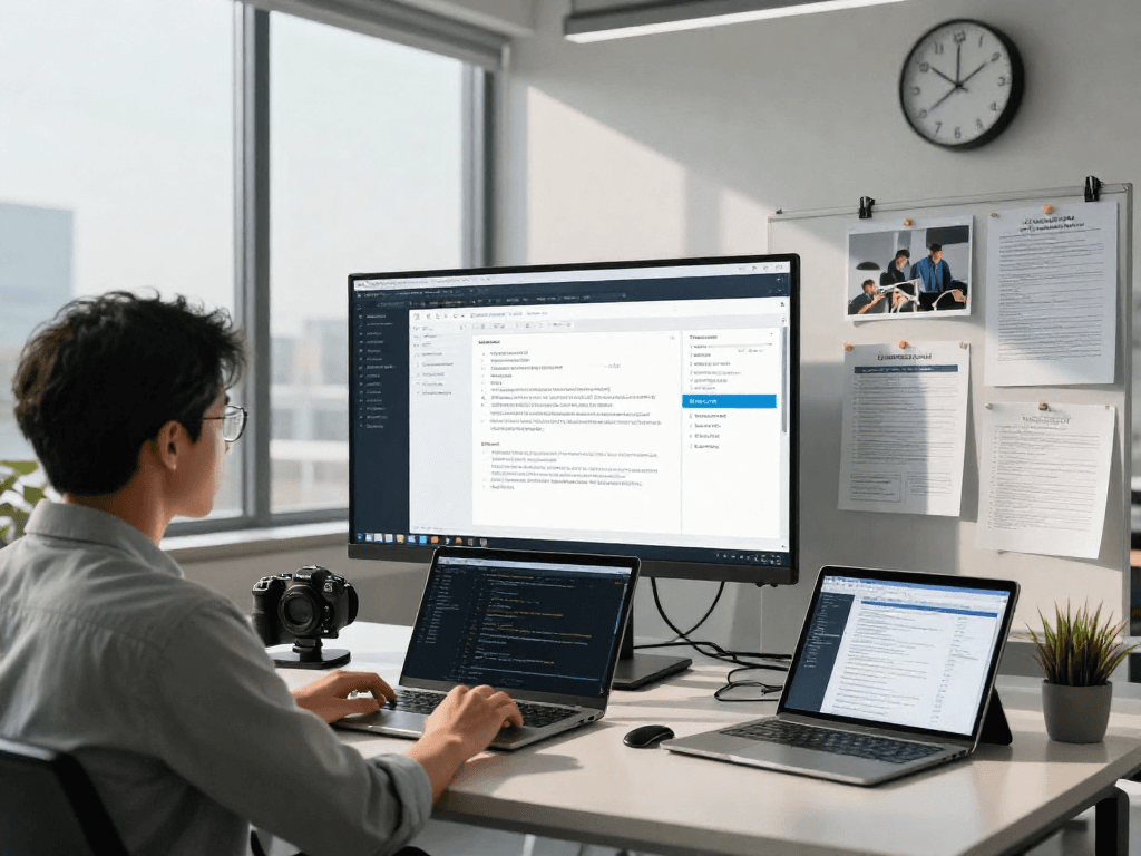 Document fraud detection in action, analyst examining software tools and verifying documents in a modern tech lab.