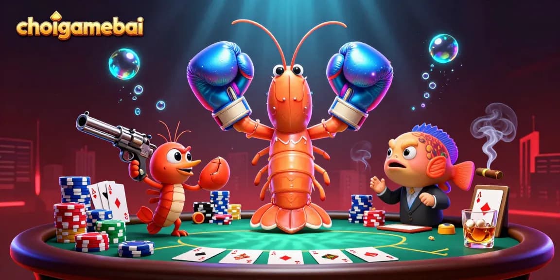 Engage in the thrilling world of choigamebai poker with dynamic shrimp characters and vibrant casino elements.