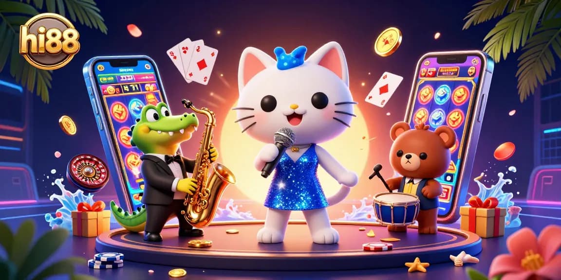 Experience the excitement of hi88 with a vibrant casino scene featuring lively characters and engaging game elements.