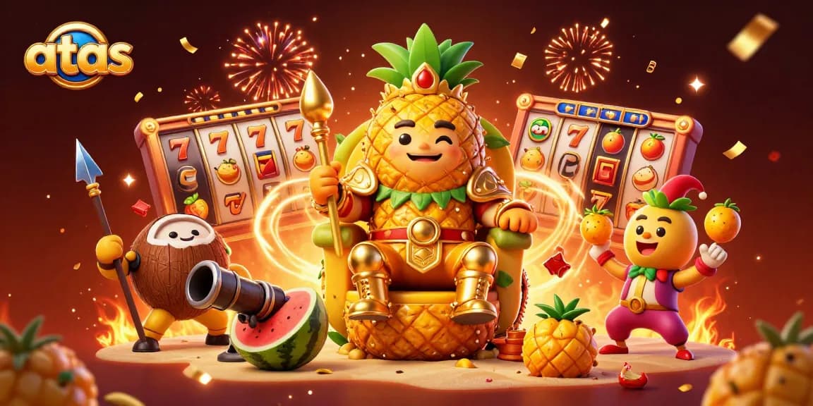 Spin the lucky reels at Atas Casino with vibrant 3D characters and festive celebrations.