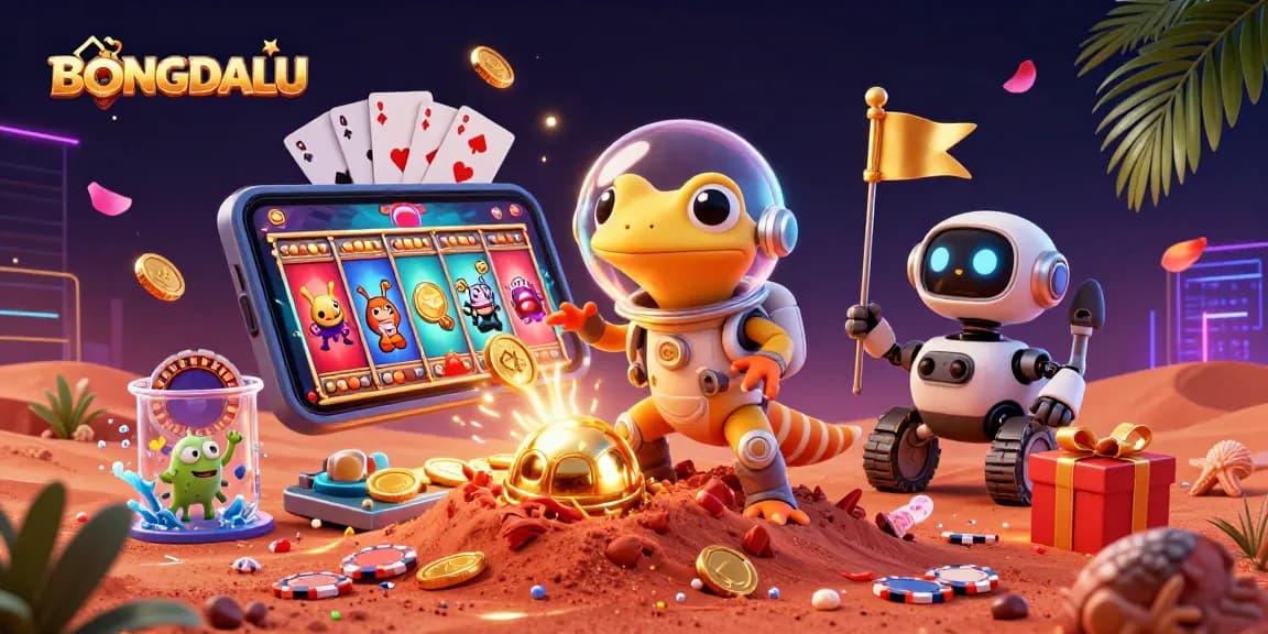 BONGDALU reveals a Martian gecko discovering a golden casino, surrounded by dynamic gaming elements.