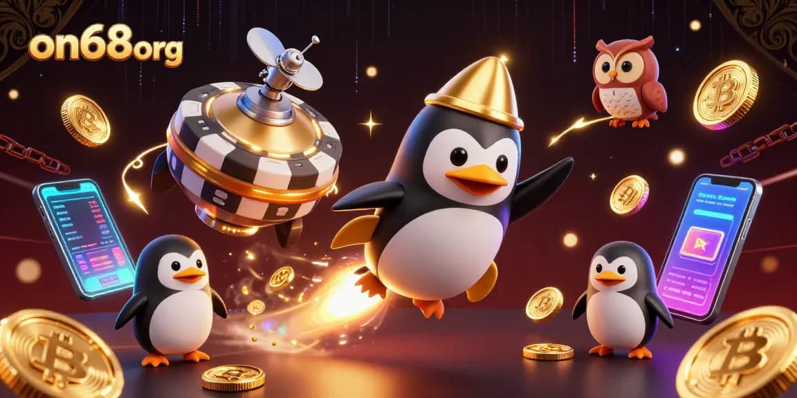 Experience exciting wins at on68org with a golden penguin soaring through a casino-themed space!