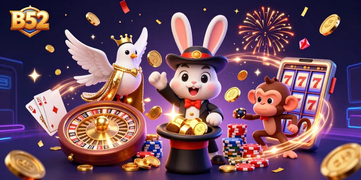 B52 players enjoy thrilling slot experiences with magical rabbit and vibrant casino elements.