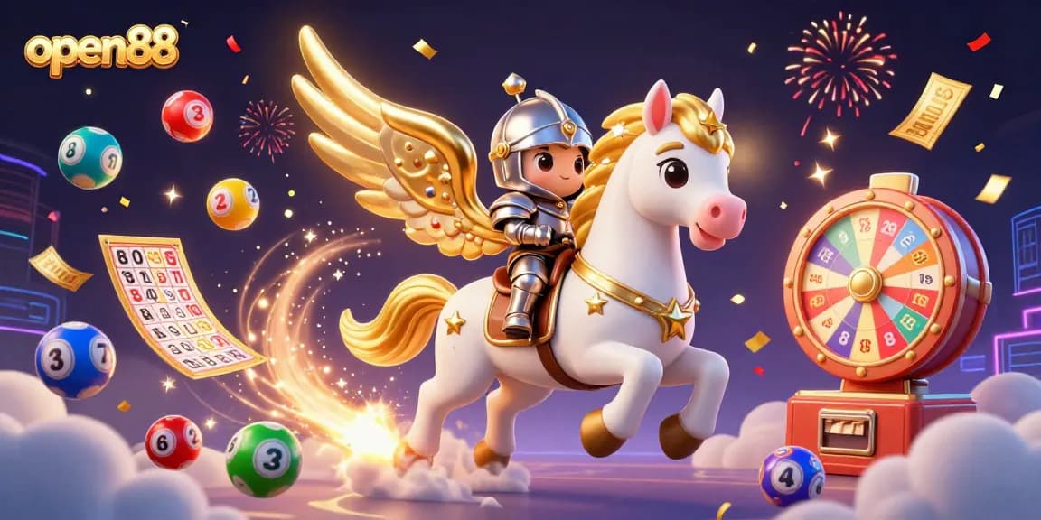 Experience exciting gameplay with open88, featuring vibrant lottery elements and a 3D knight on a celestial horse.