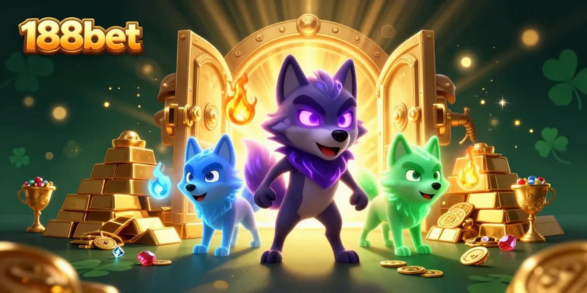 Experience thrilling action with 188bet as a glowing wolf leader stands guard over abundant casino treasures.
