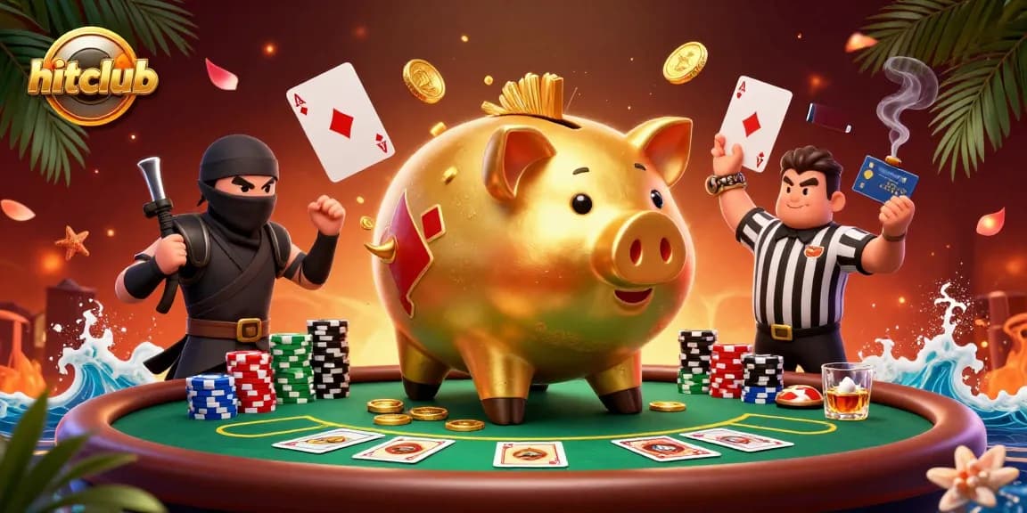 Engage with hitclub's thrilling gaming scene featuring a golden piggy bank wrestler amidst vibrant poker action.