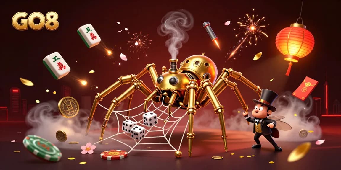 GO8 celebrates winning moments with a steampunk spider webbing golden chains and poker chip nodes in a whimsical casino scene.