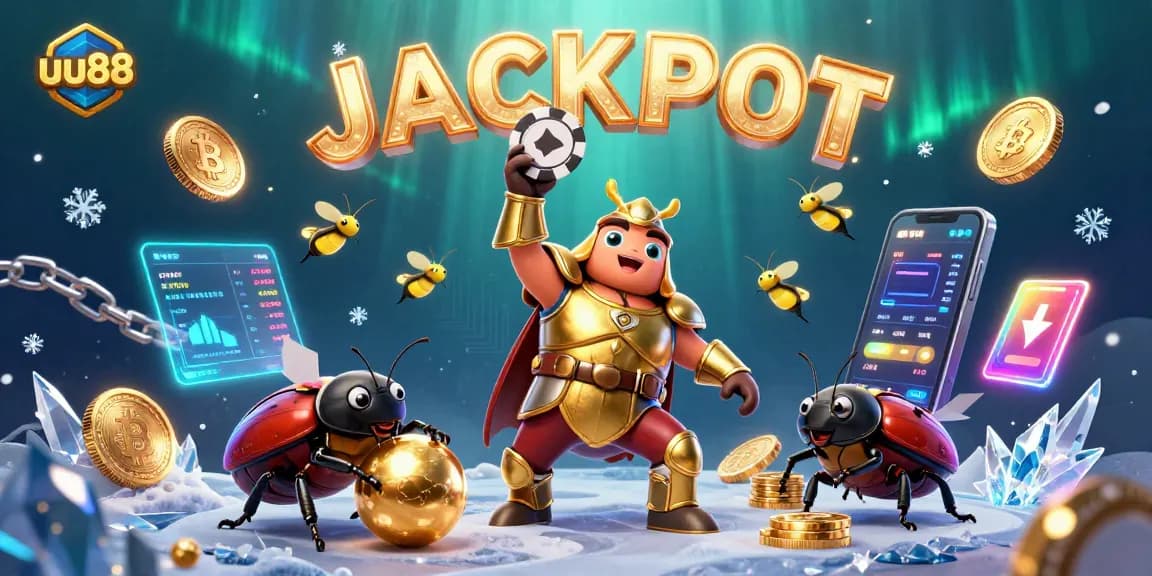 uu88 players celebrating a jackpot win with a golden beetle and dynamic casino elements in 3D