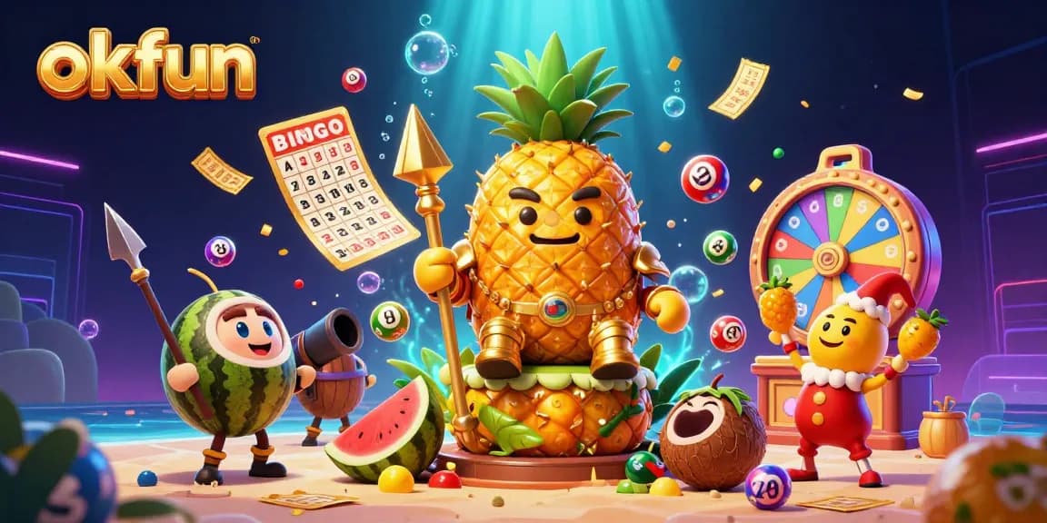 Experience excitement with okfun in a vibrant 3D casino illustration featuring a golden pineapple king and dynamic game elements.