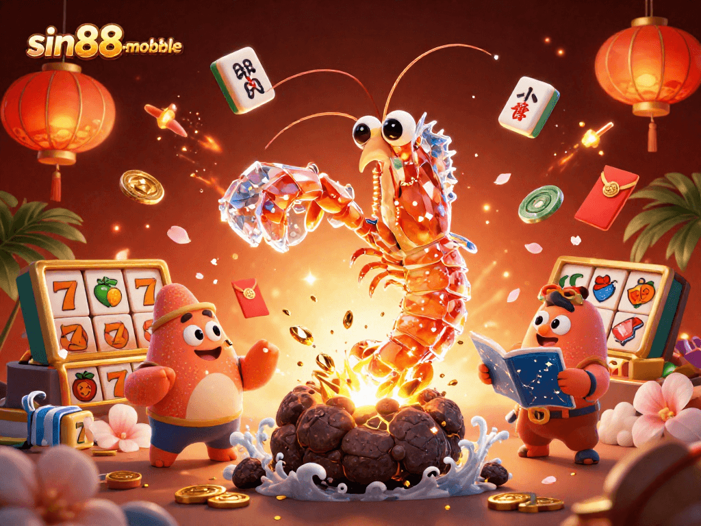 Experience sin88-mobile's vibrant slots with 3D elements bursting with gems and coins.
