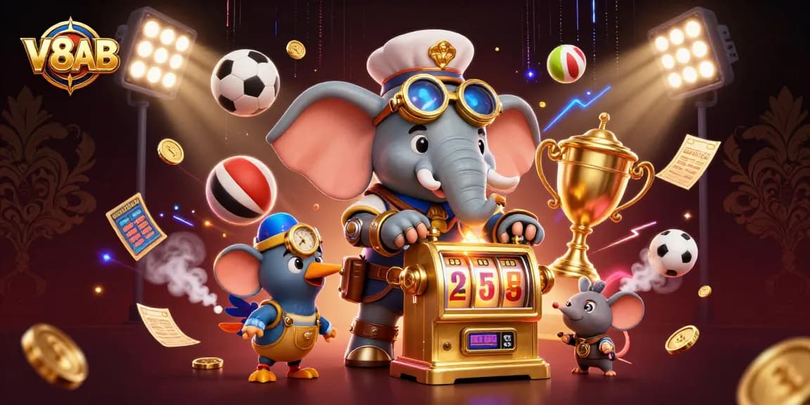 Experience thrilling gameplay at V8AB with a steampunk elephant operating a slot machine.
