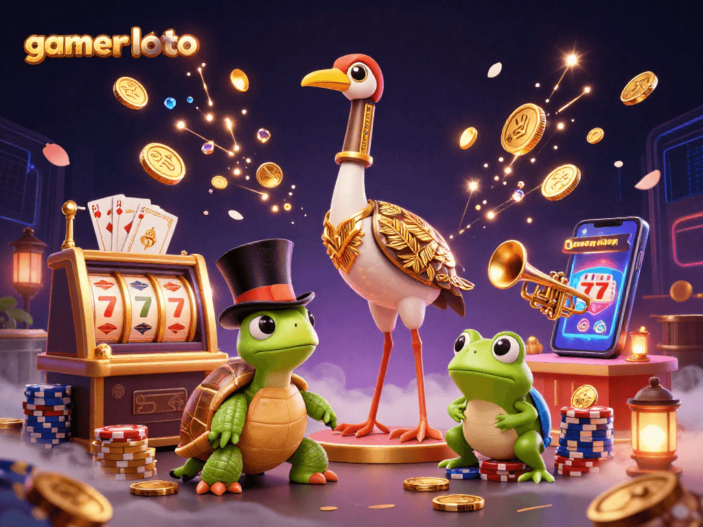 Experience the excitement of gamerloto with a vibrant 3D casino scene featuring characters and classic slot elements.