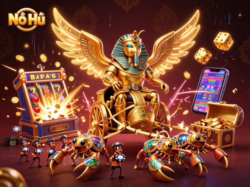 Nổ Hũ showcases a stunning jackpot scene with elaborate characters and vibrant casino elements.
