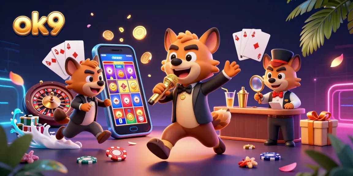 Play the exciting slot game at ok9, featuring a lively casino scene with hyenas in action.