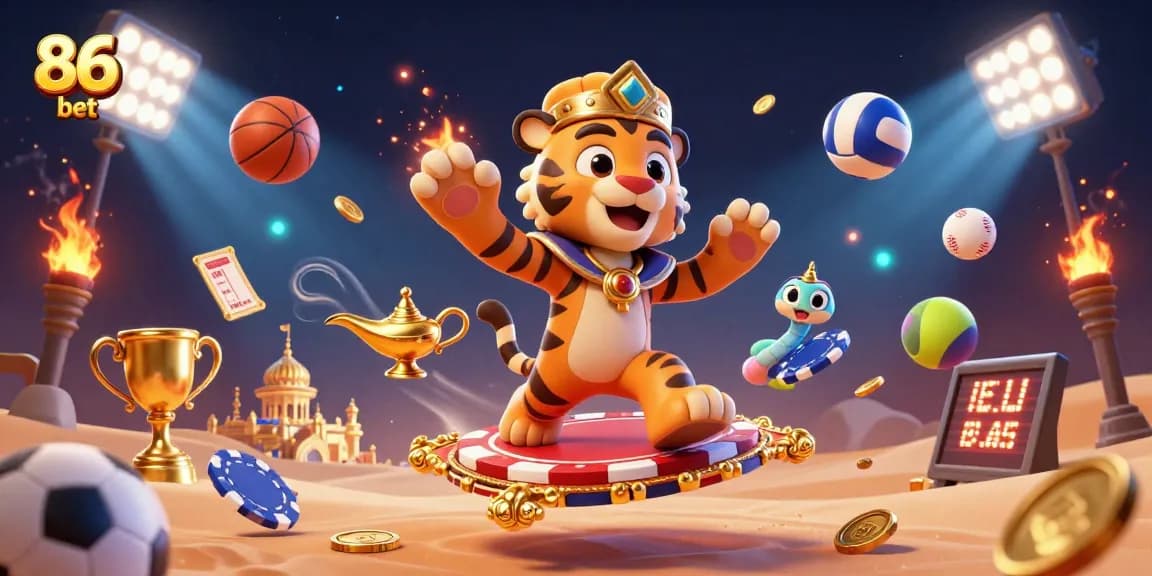 Engage with 86 bet featuring a tiger sultan on a flying poker chip carpet, immersive casino scene.