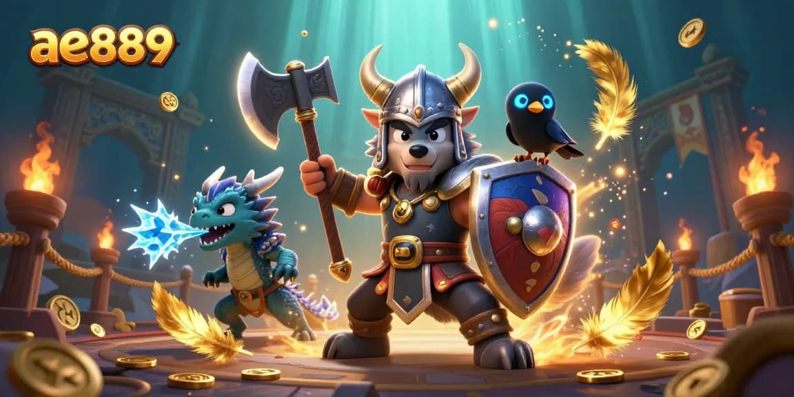 Bet on thrilling adventures with ae889 featuring a Viking wolf warrior and fierce dragon in a rich casino scene.