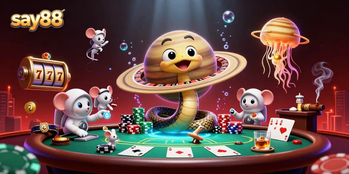 Engage in dynamic betting at say88 with animated casino scene featuring playful astronauts and a cosmic dealer.