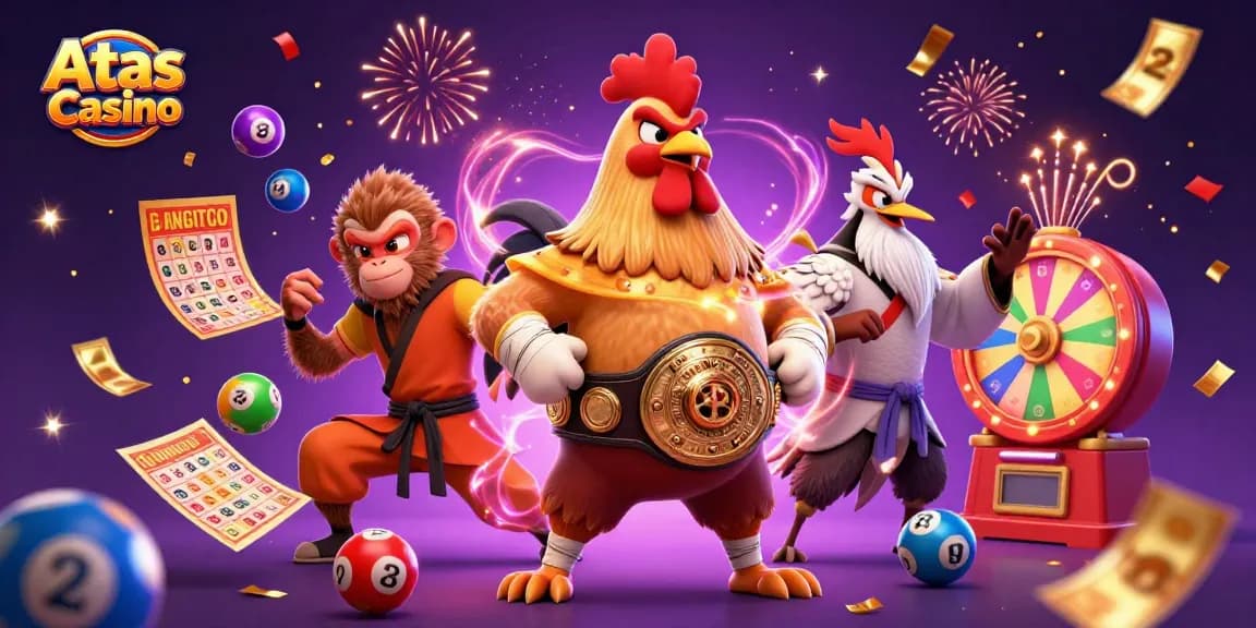 Experience winning excitement with Atas Casino's vibrant characters amidst colorful games and festive elements.