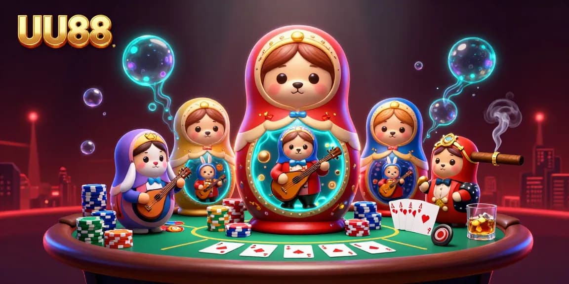 UU88 offers a vibrant casino scene capturing excitement with 3D characters and rich elements.