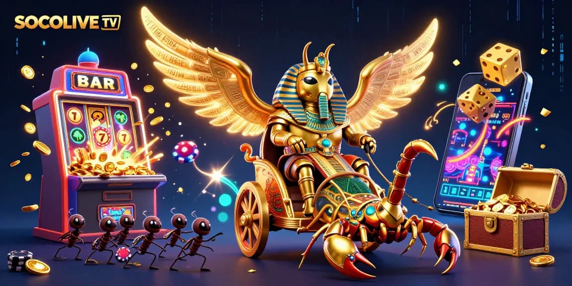 SOCOLIVE TV features a majestic golden scarab beetle in a thrilling casino scene with dynamic game elements.