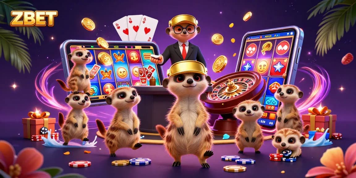 ZBET slots showcase with meerkats dealing cards in a vibrant casino atmosphere.