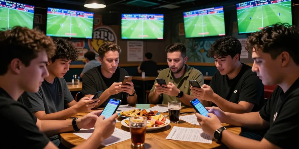 Excited bettors engaging in Daftar Bola88 betting, showcasing a lively sports bar atmosphere filled with soccer match screens.