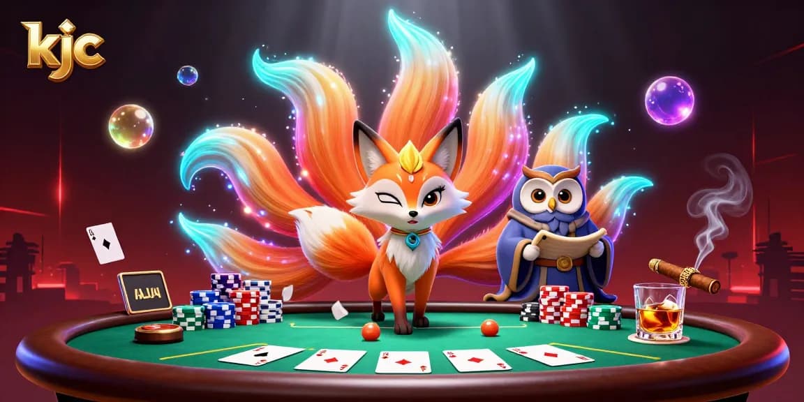 Engage with kjc's immersive poker scene featuring a glowing nine-tailed fox spirit.