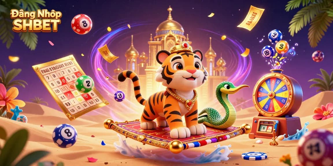 Engage in thrilling gaming with Đăng Nhập SHBET, featuring vibrant animated elements and casino icons.