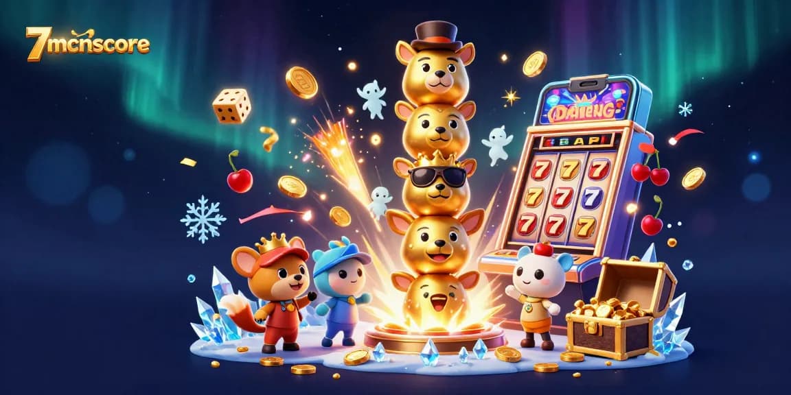 Experience the lively atmosphere of 7mcnscore with a vibrant casino scene filled with animated totems, slot machines, and coins.