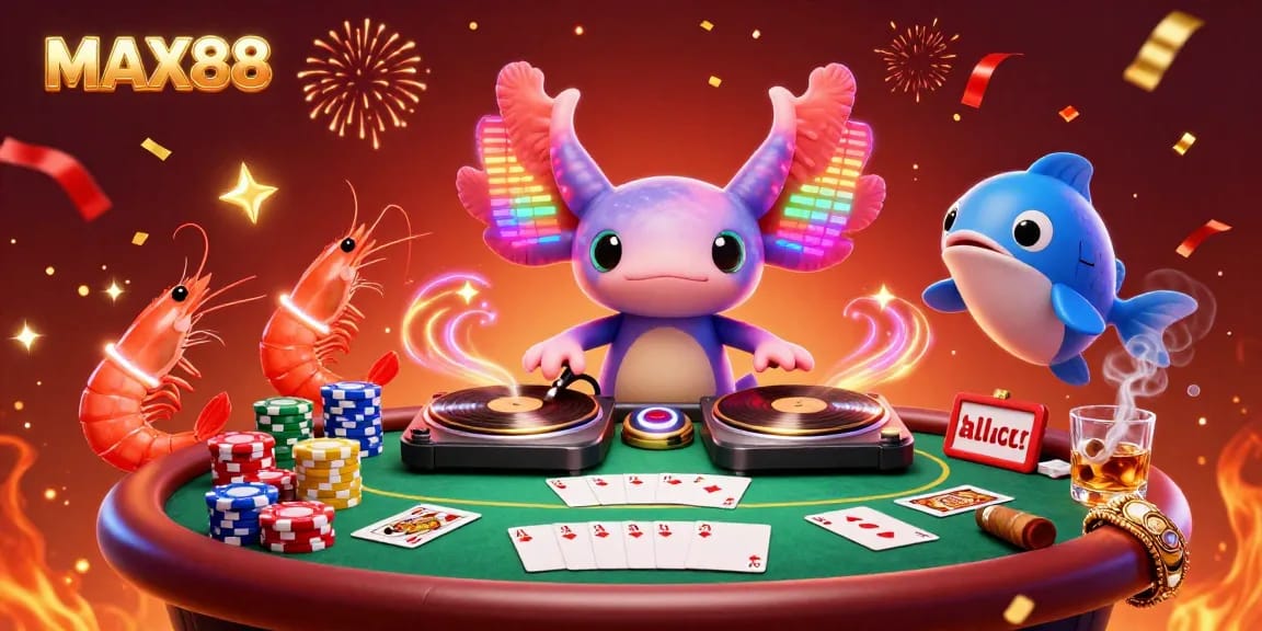 Join the action with MAX88 as vibrant characters spin and celebrate in an exciting casino scene.