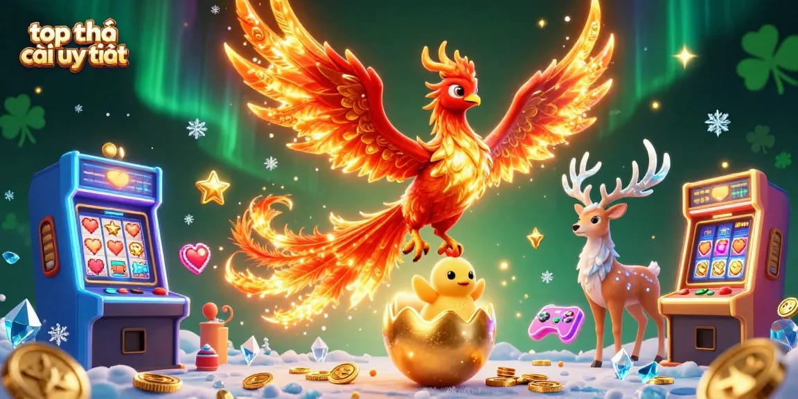 Experience top nhà cái uy tín with a dynamic scene featuring a phoenix, supporting game elements, and engaging casino action.