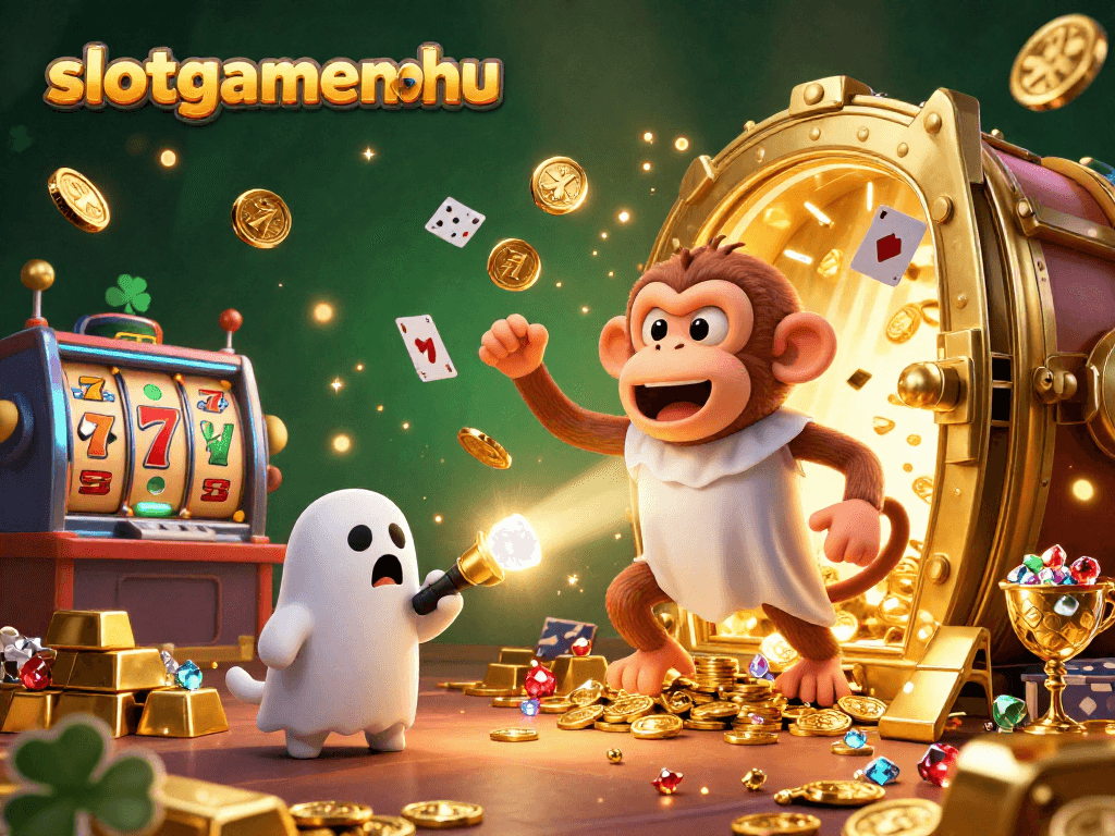Track the magical luck at slotgamenohu with this lively casino scene featuring a playful monkey and ghost-hunter puppy.