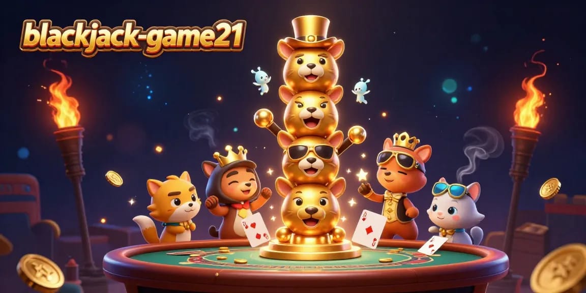Engage in blackjack-game21 with vibrant casino elements and 3D totem characters.