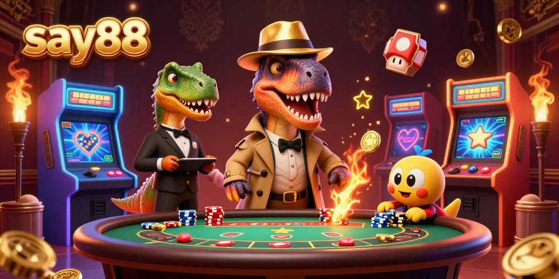 Experience thrilling gameplay at say88 with a cartoon velociraptor attempting to gamble at a casino table.