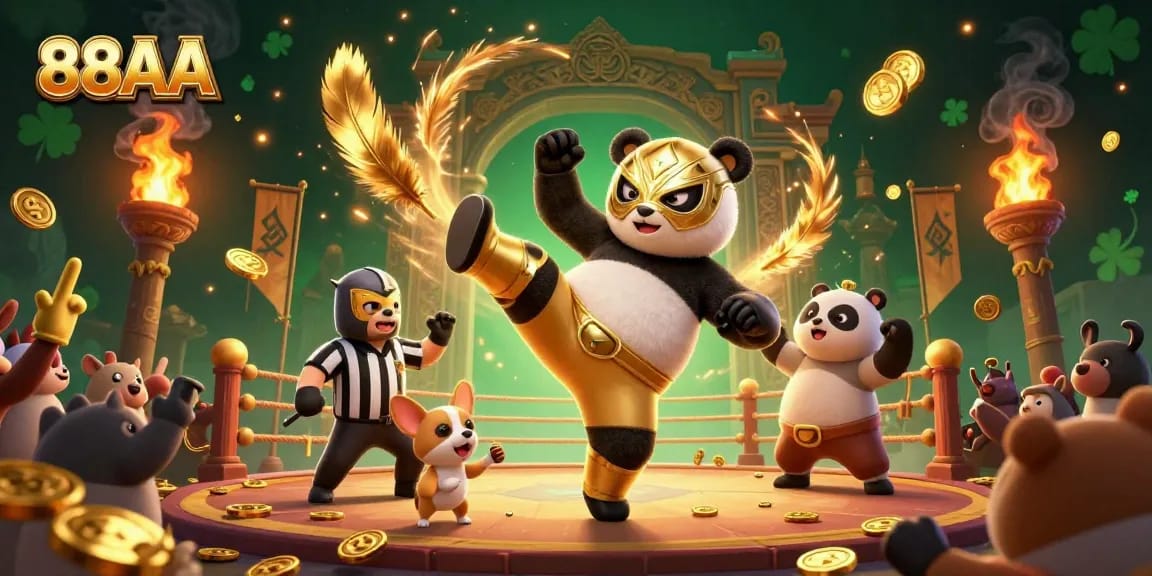 Bet on 88AA: A vibrant scene of a flying panda wrestler and cheering animal fans at a lively betting arena.