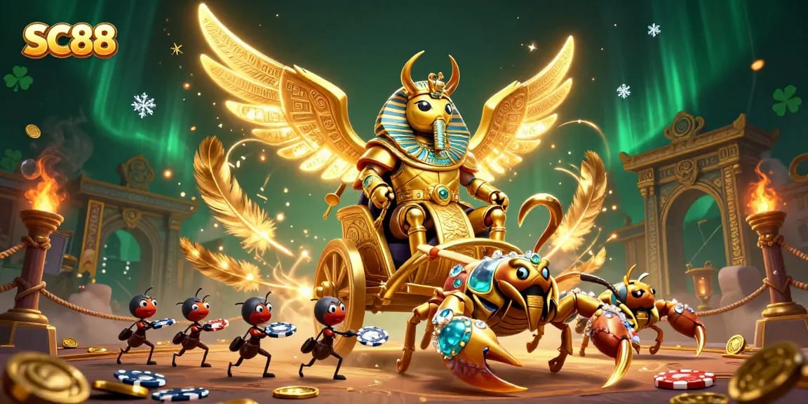 Experience SC88 excitement with a colossal scarab beetle chariot amidst a rich casino scene